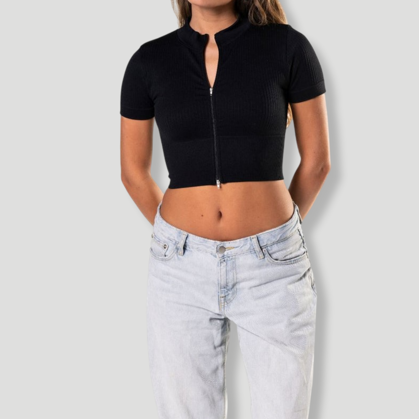 Seamless Ribbed Zip-Front Short Sleeve Crop Top