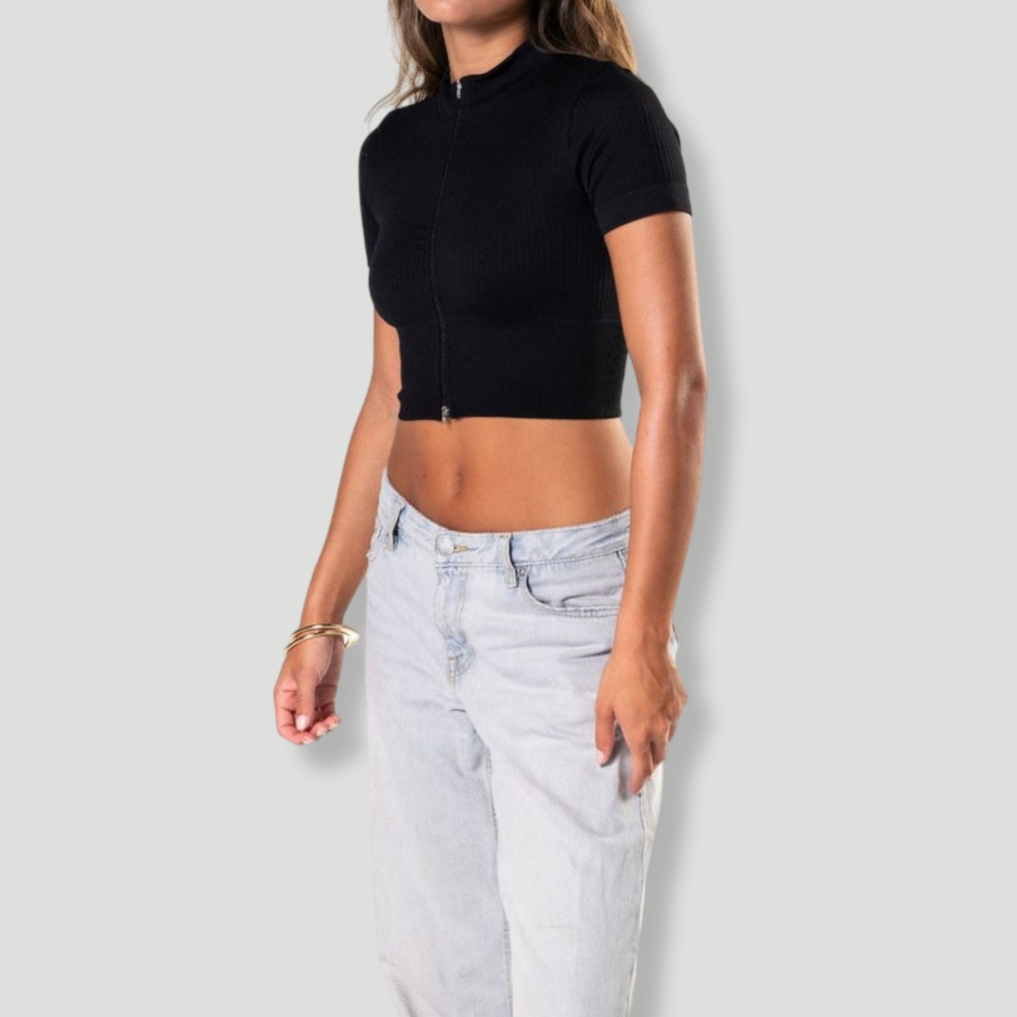 Seamless Ribbed Zip-Front Short Sleeve Crop Top