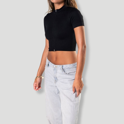 Seamless Ribbed Zip-Front Short Sleeve Crop Top