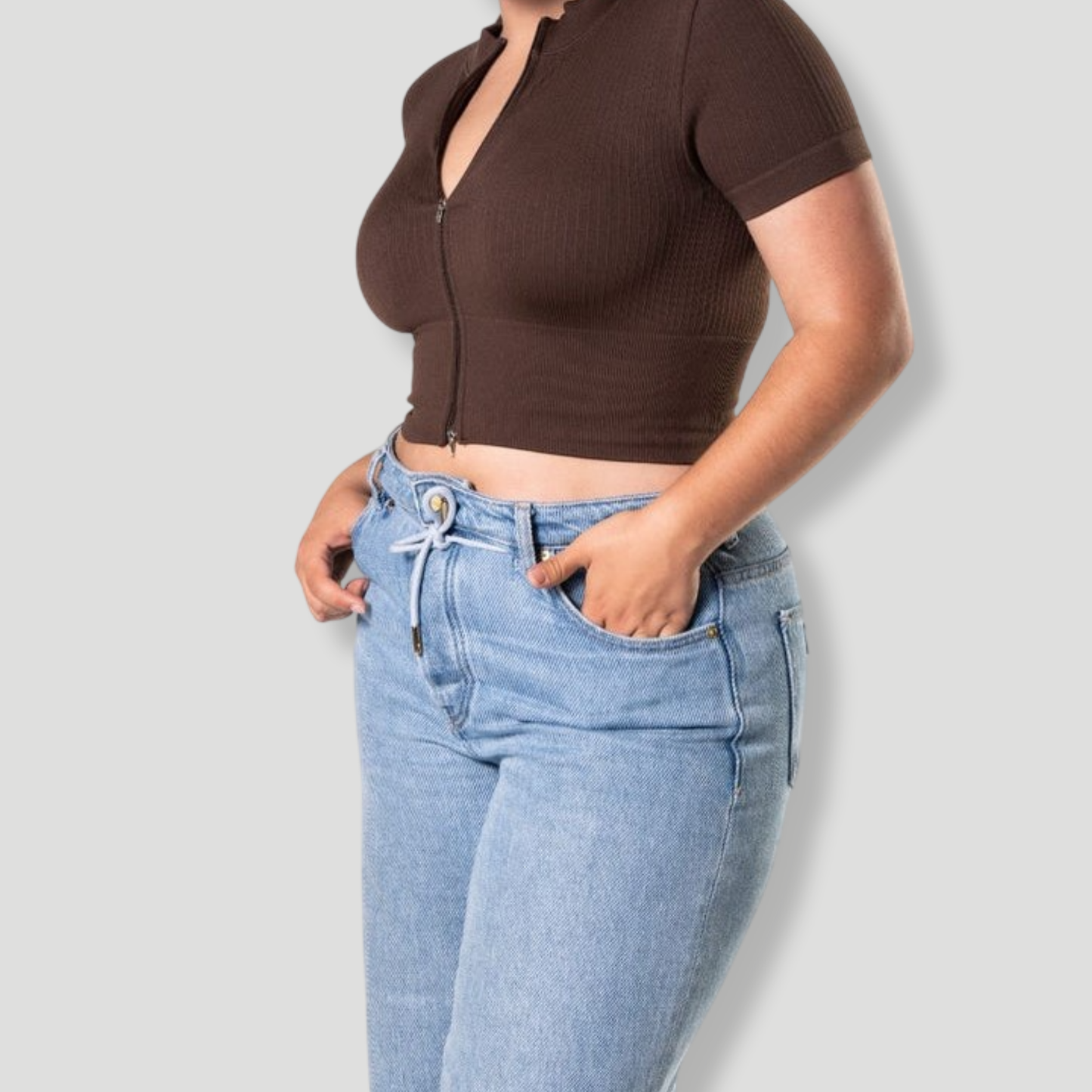 Seamless Ribbed Zip-Front Short Sleeve Crop Top