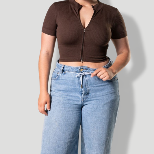 Seamless Ribbed Zip-Front Short Sleeve Crop Top