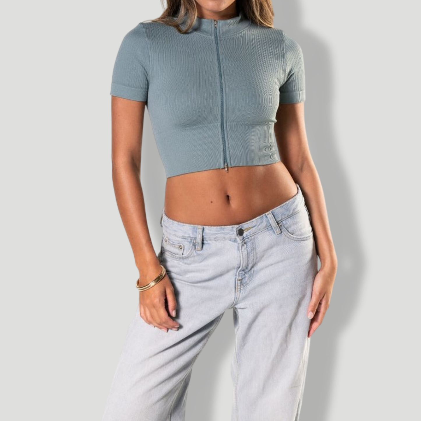 Seamless Ribbed Zip-Front Short Sleeve Crop Top