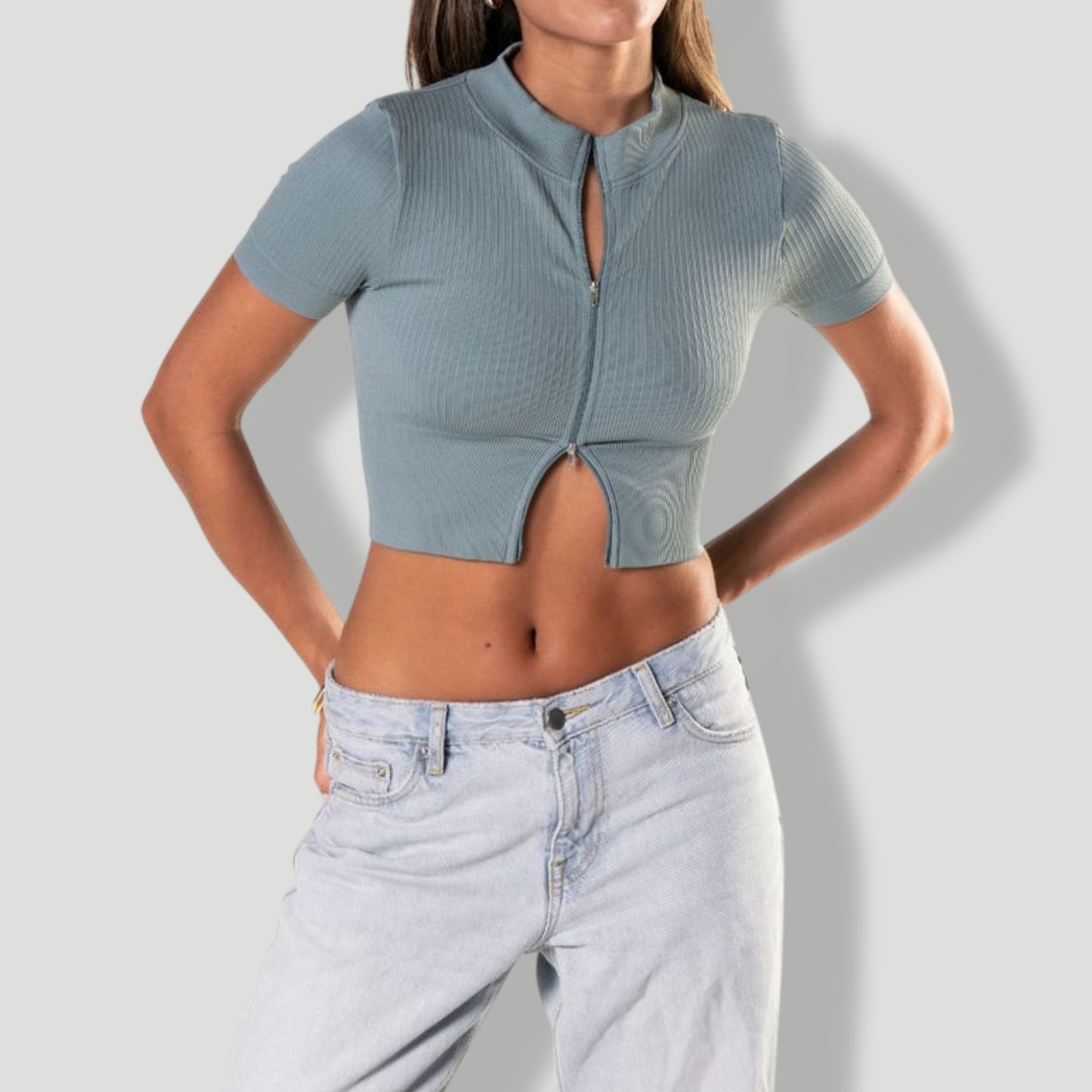Seamless Ribbed Zip-Front Short Sleeve Crop Top