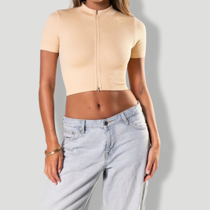 Seamless Ribbed Zip-Front Short Sleeve Crop Top