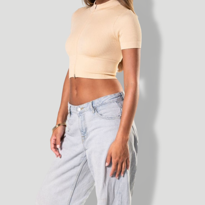 Seamless Ribbed Zip-Front Short Sleeve Crop Top