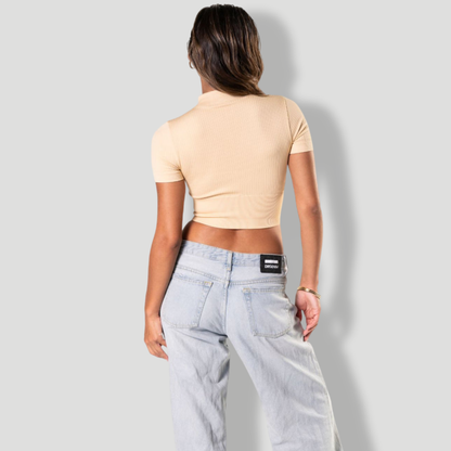 Seamless Ribbed Zip-Front Short Sleeve Crop Top