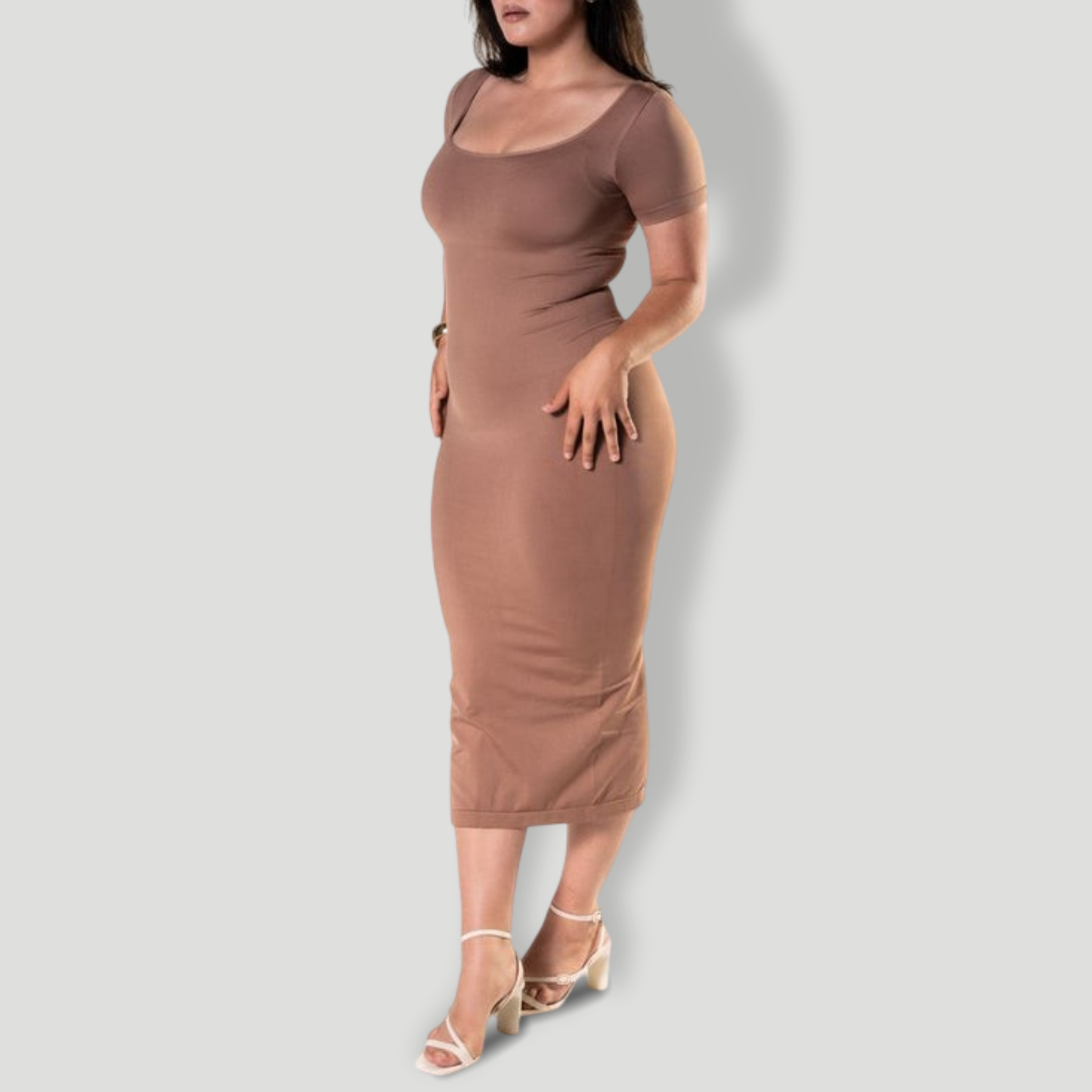Bodycon Shapewear Midi Slit Dress with Short Sleeves
