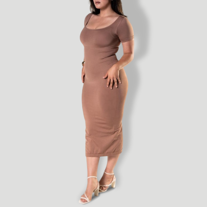 Bodycon Shapewear Midi Slit Dress with Short Sleeves