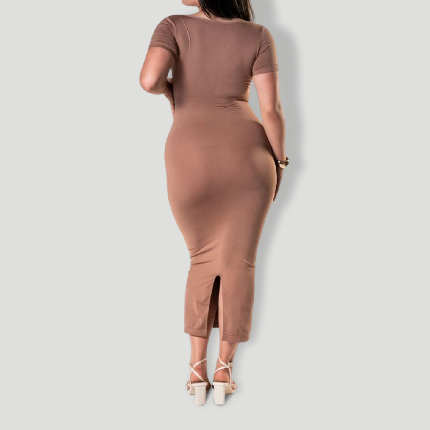 Bodycon Shapewear Midi Slit Dress with Short Sleeves