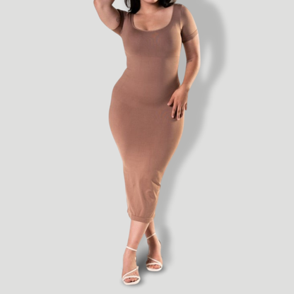 Bodycon Shapewear Midi Slit Dress with Short Sleeves
