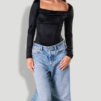 Waterfall Neckline Satin Bodysuit