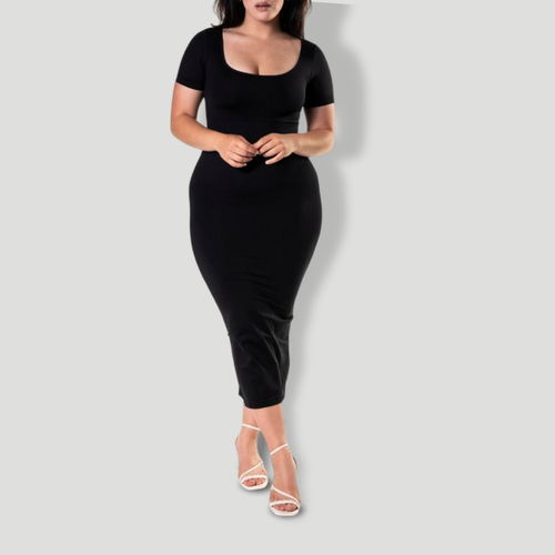 Bodycon Shapewear Midi Slit Dress with Short Sleeves