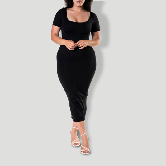 Bodycon Shapewear Midi Slit Dress with Short Sleeves