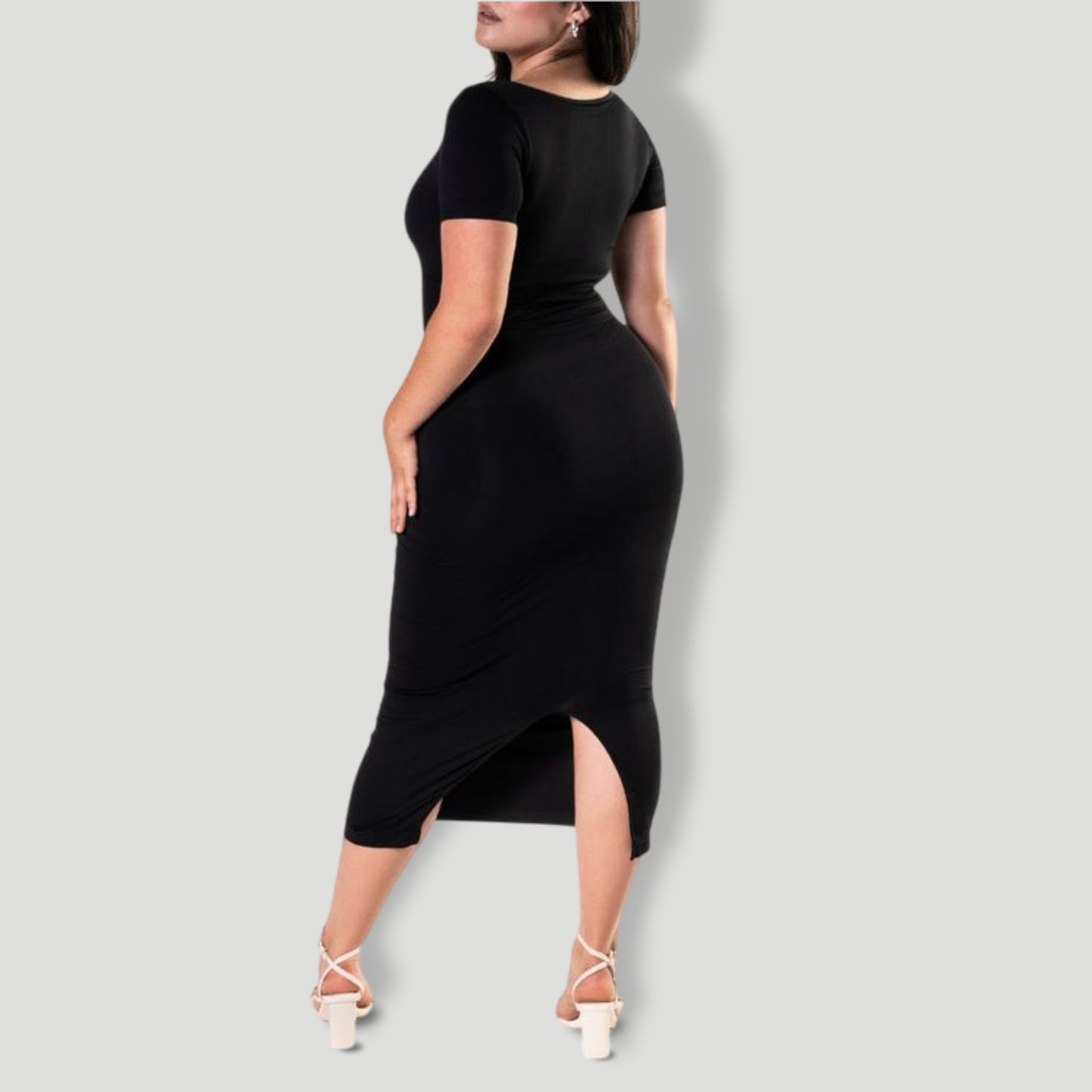 Bodycon Shapewear Midi Slit Dress with Short Sleeves