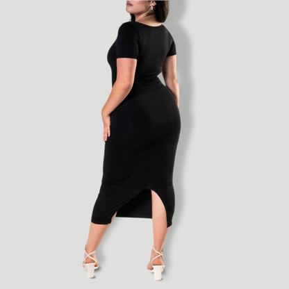 Bodycon Shapewear Midi Slit Dress with Short Sleeves