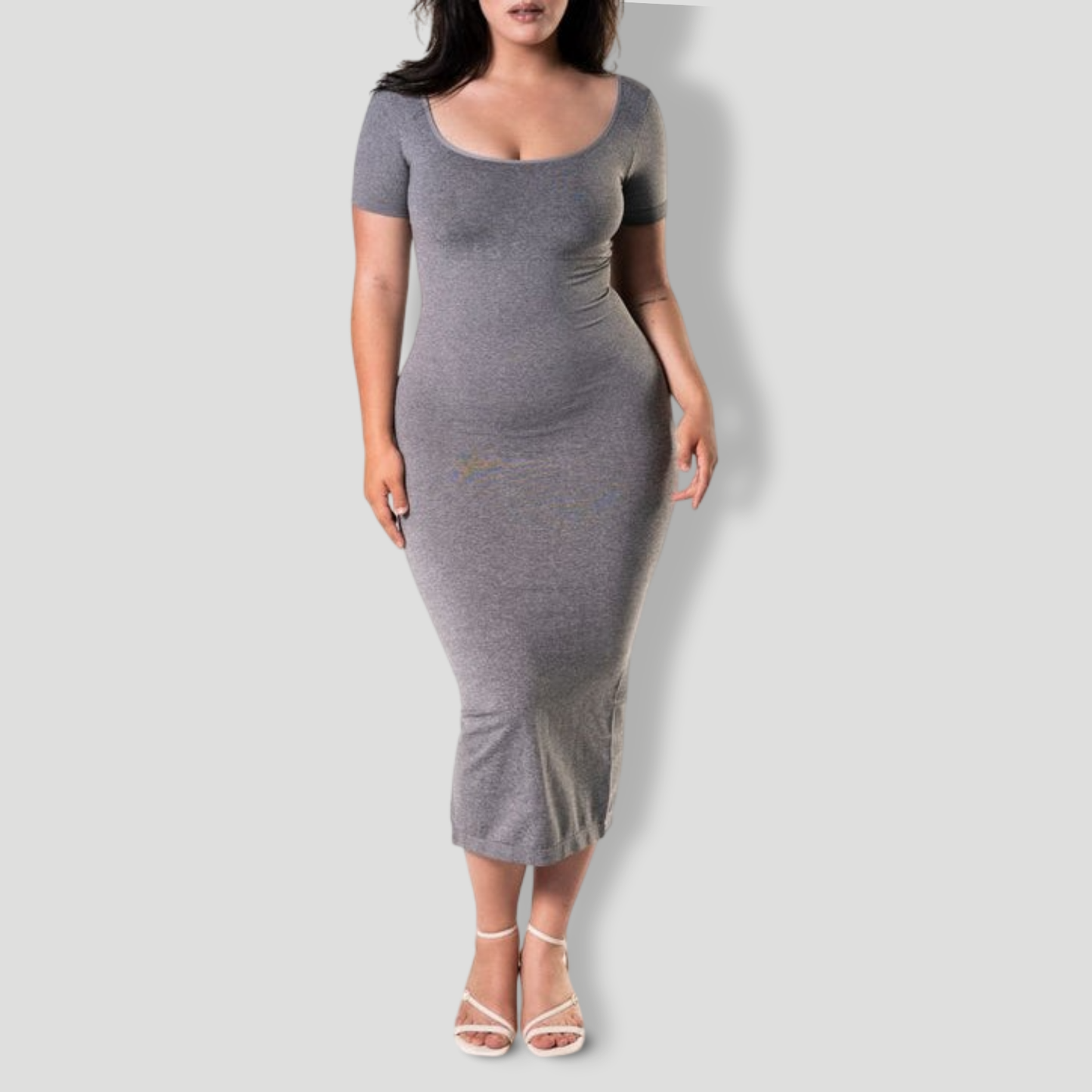 Bodycon Shapewear Midi Slit Dress with Short Sleeves