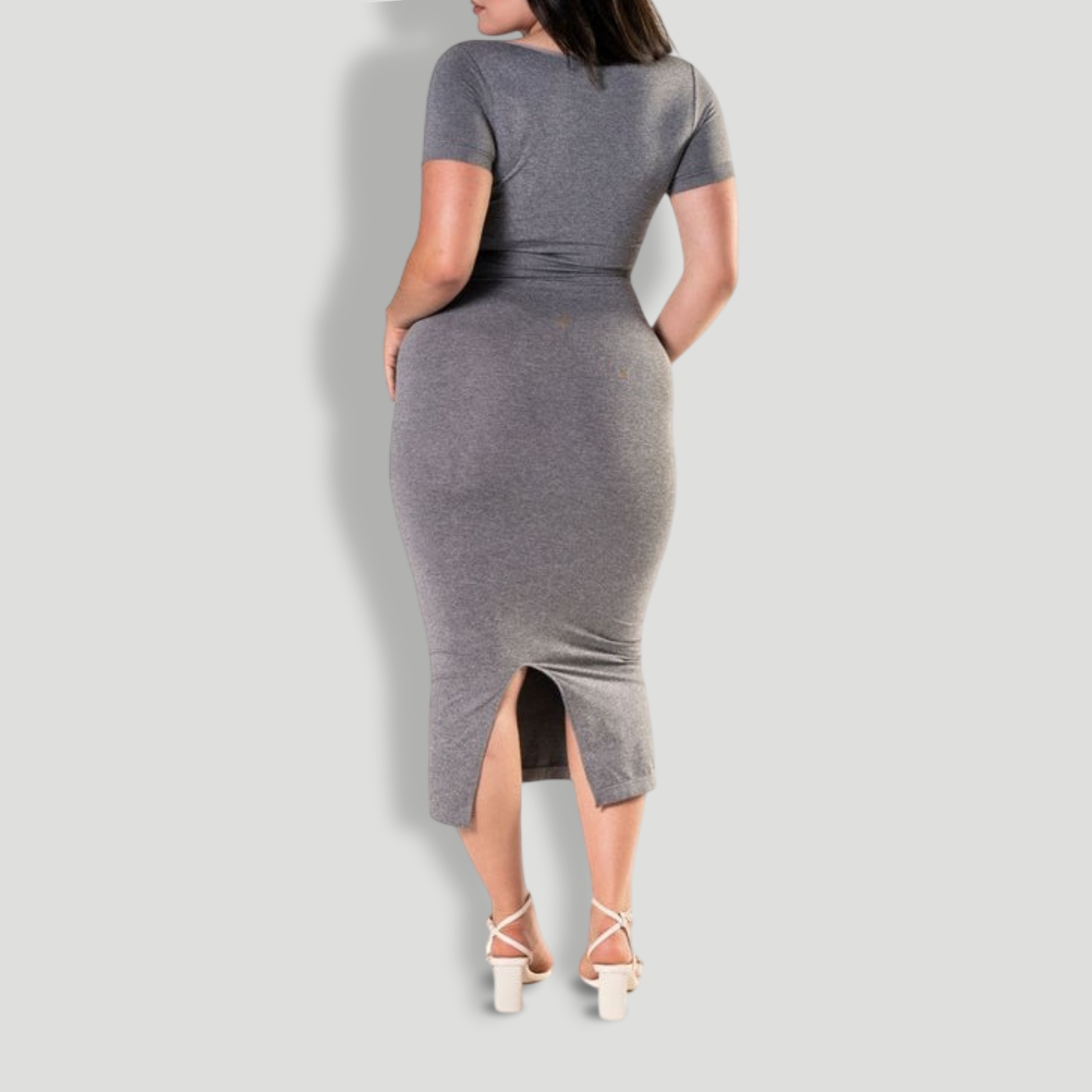 Bodycon Shapewear Midi Slit Dress with Short Sleeves