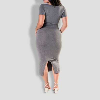 Bodycon Shapewear Midi Slit Dress with Short Sleeves