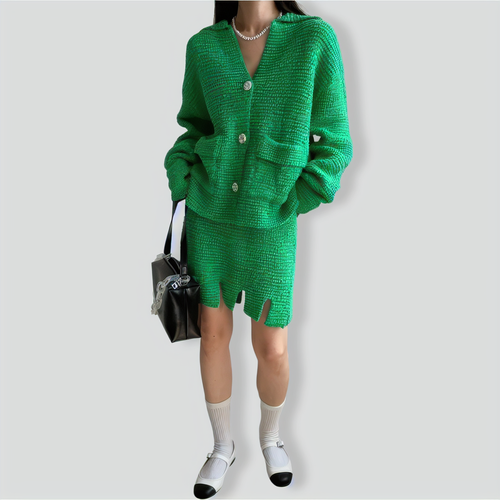 Temperament V-Neck Single-Breasted Knitted Sweater Set