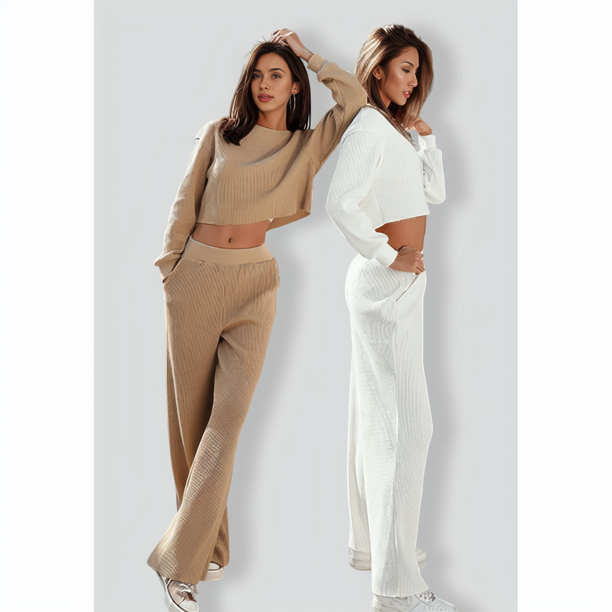 Simple Solid-Colored Long Sleeves Women's Set