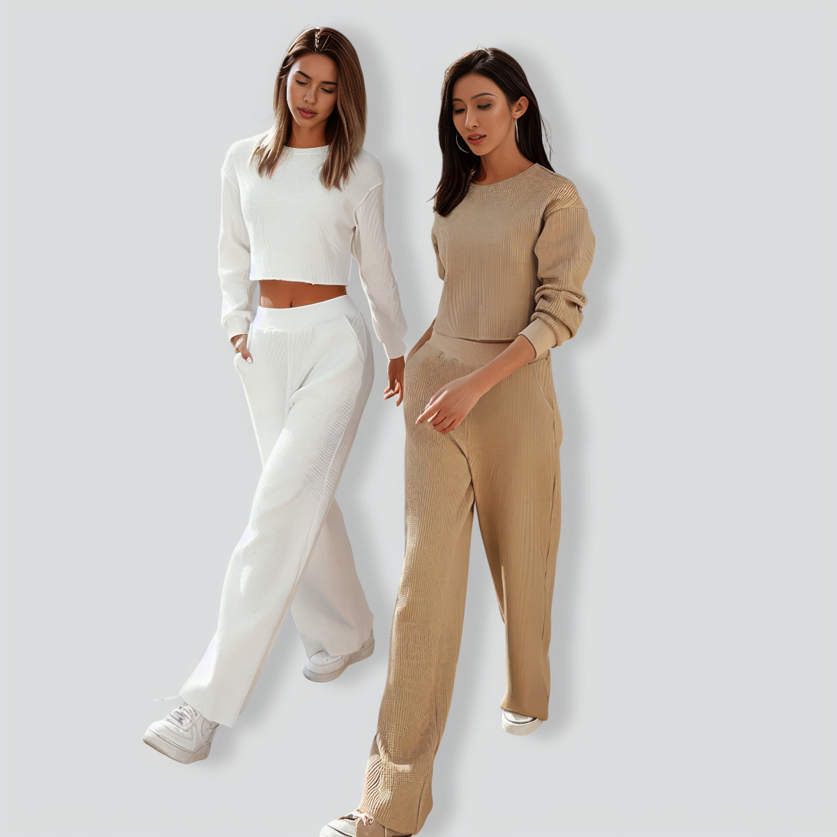 Simple Solid-Colored Long Sleeves Women's Set