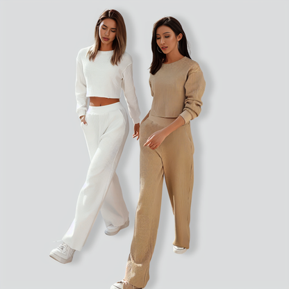 Simple Solid-Colored Long Sleeves Women's Set