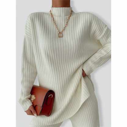 Casual Solid Color Turtleneck Loose Knit Ladies Two-piece Suit