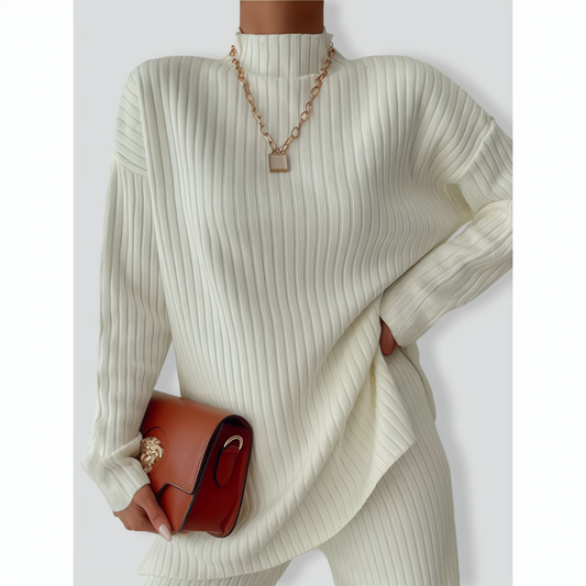 Casual Solid Color Turtleneck Loose Knit Ladies Two-piece Suit