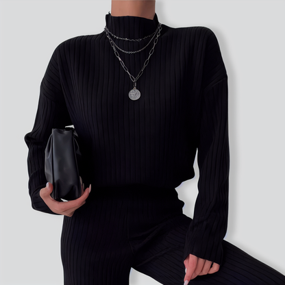 Casual Solid Color Turtleneck Loose Knit Ladies Two-piece Suit