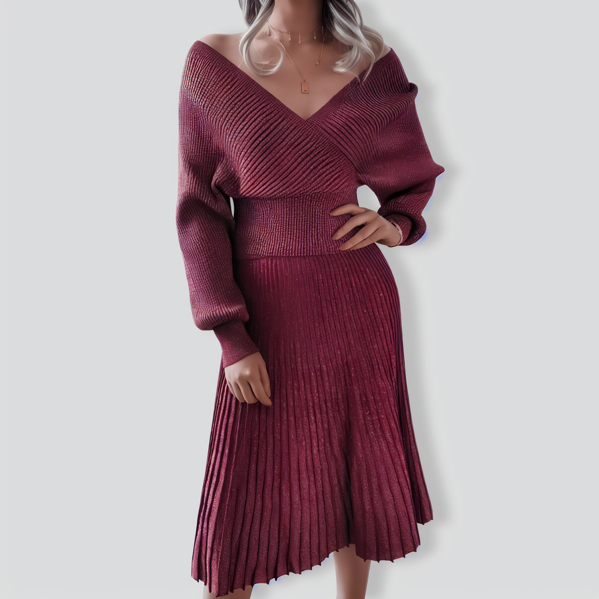 Bright Silk Casual Knit Pleated Skirt Two-Piece Set