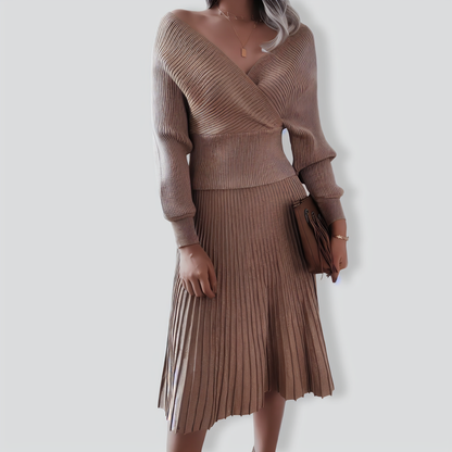 Bright Silk Casual Knit Pleated Skirt Two-Piece Set