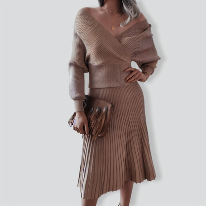 Bright Silk Casual Knit Pleated Skirt Two-Piece Set