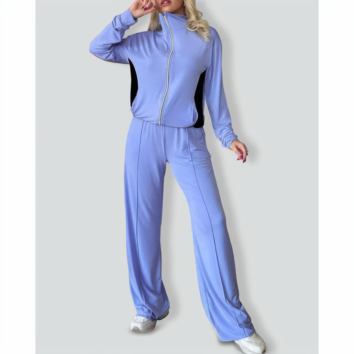 Zipper Lapel Slim Fit Colorblock Casual Set