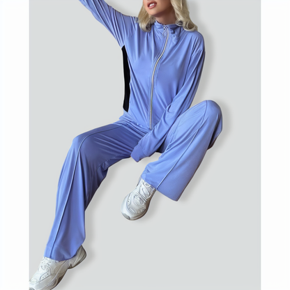 Zipper Lapel Slim Fit Colorblock Casual Set