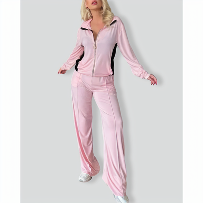 Zipper Lapel Slim Fit Colorblock Casual Set