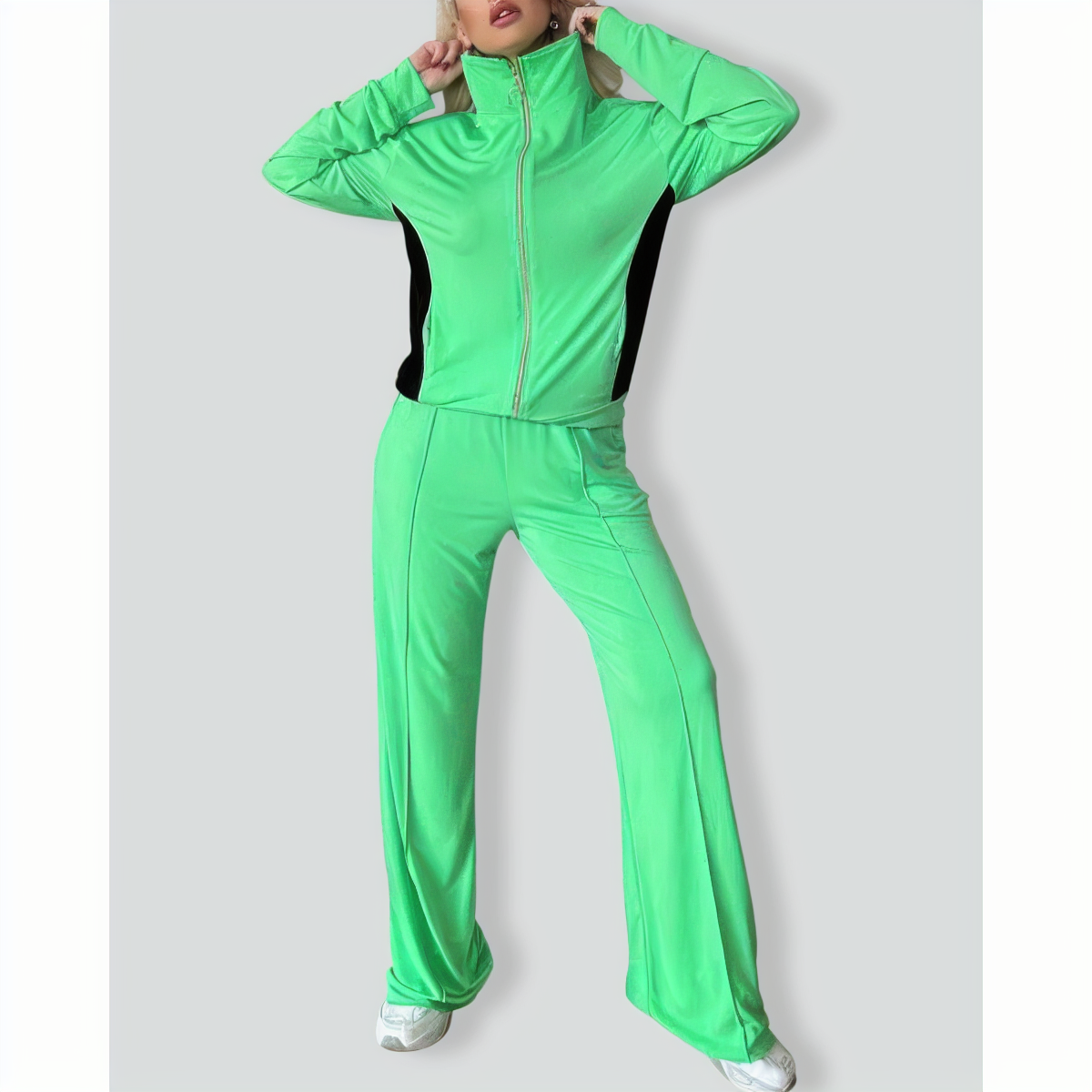 Zipper Lapel Slim Fit Colorblock Casual Set