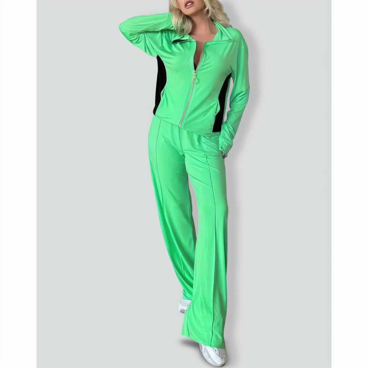 Zipper Lapel Slim Fit Colorblock Casual Set