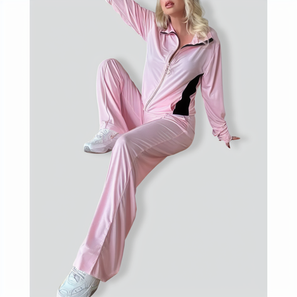 Zipper Lapel Slim Fit Colorblock Casual Set