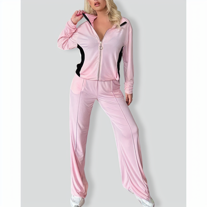 Zipper Lapel Slim Fit Colorblock Casual Set