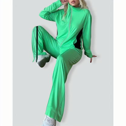 Zipper Lapel Slim Fit Colorblock Casual Set