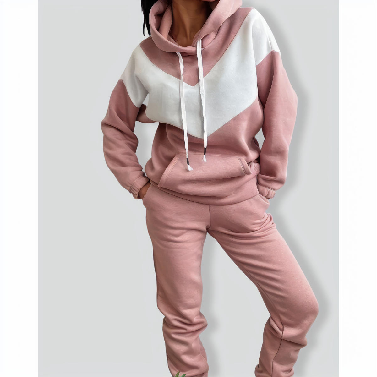 Casual Color Block Hooded Sweatshirt Set