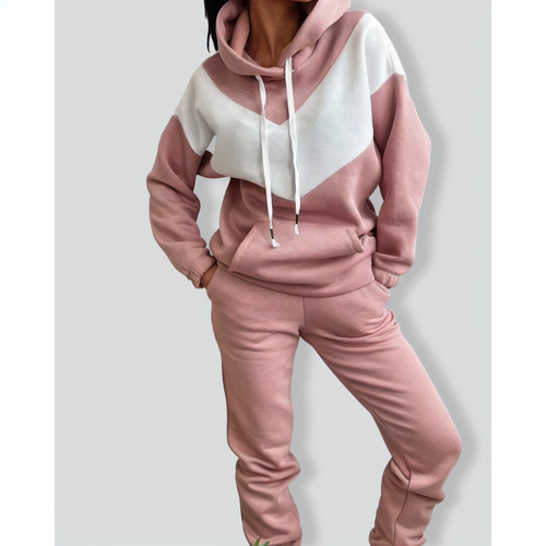 Casual Color Block Hooded Sweatshirt Set