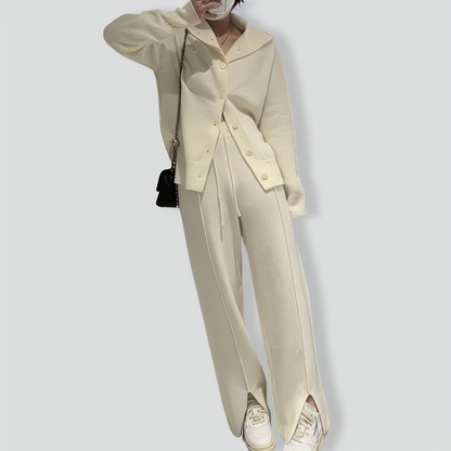 Gentle Wind Knitted Cardigan Sweater Loose Slit Trousers Two-piece Set