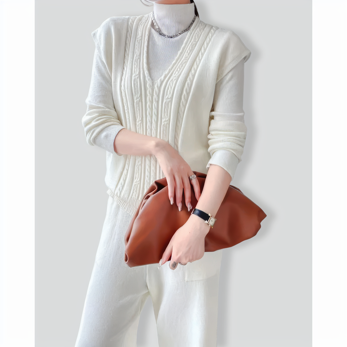 Fashion slim high collar three-piece set