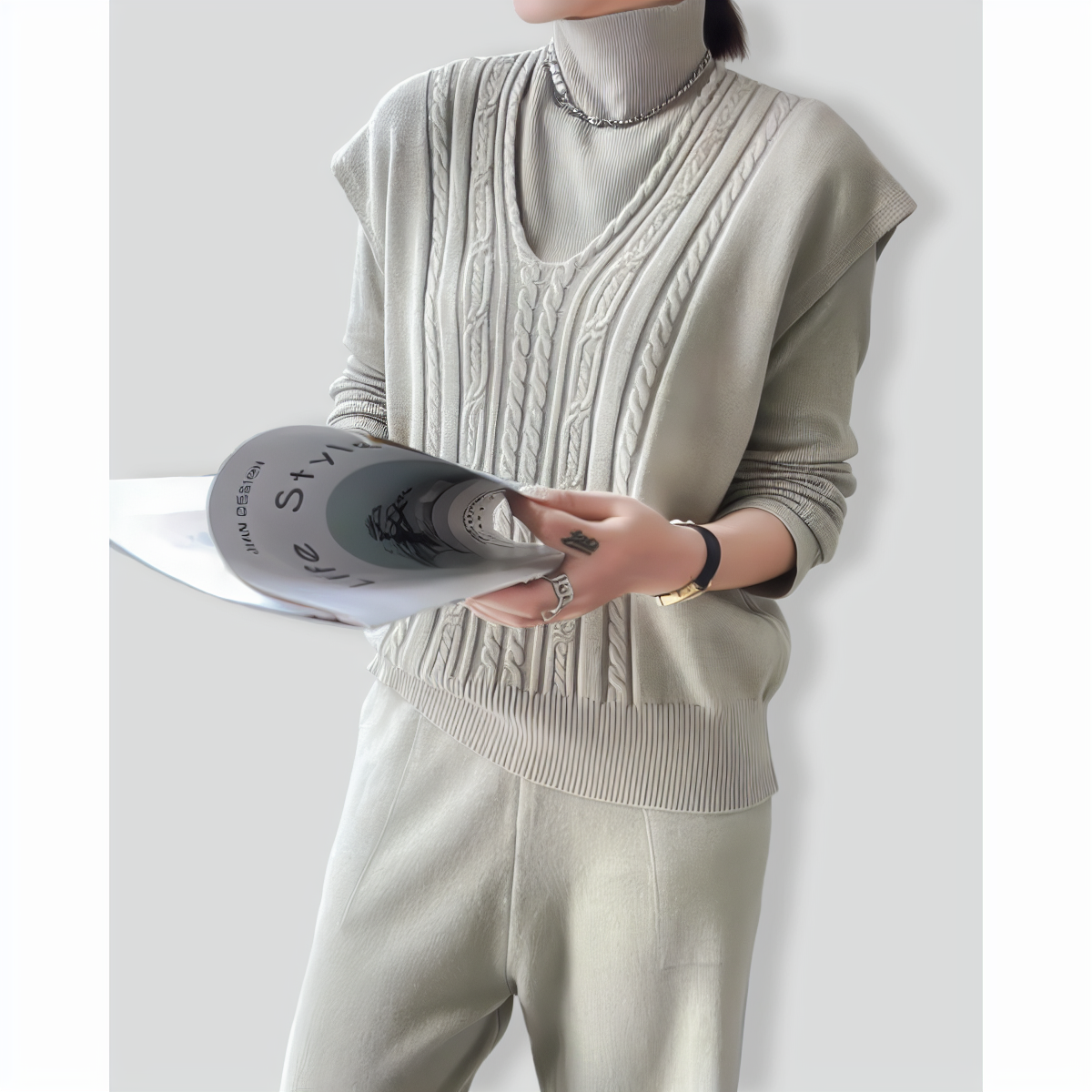 Fashion slim high collar three-piece set