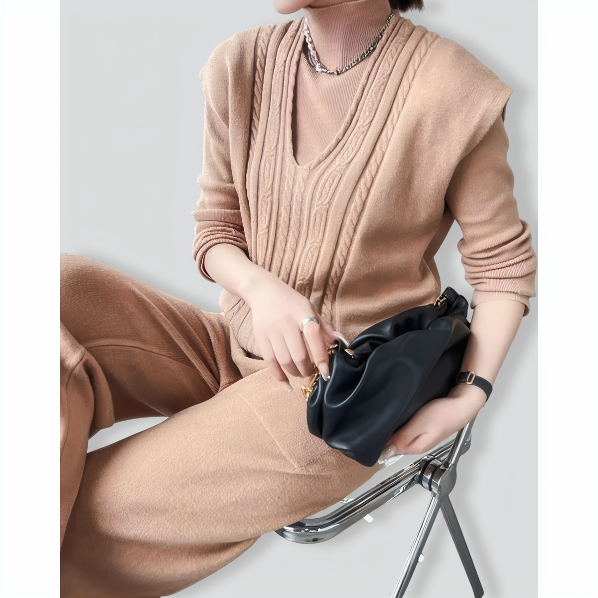 Fashion slim high collar three-piece set