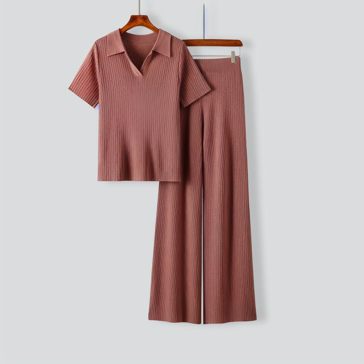 Polo Collar Short-sleeves Flared Pants Two-pieces Set