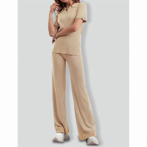 Polo Collar Short-sleeves Flared Pants Two-pieces Set