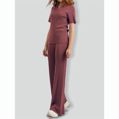 Polo Collar Short-sleeves Flared Pants Two-pieces Set