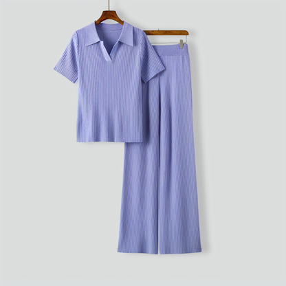 Polo Collar Short-sleeves Flared Pants Two-pieces Set